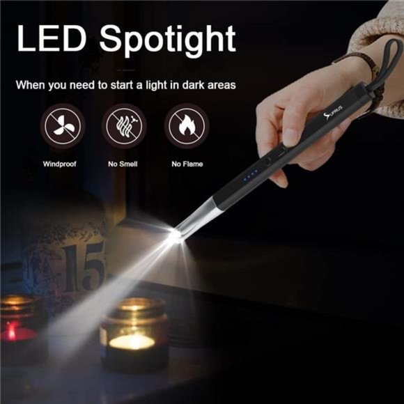 Candle Lighter Electric Arc Lighter Rechargeable USB Lighter w/ LED Light(Black) - Picture 5 of 7